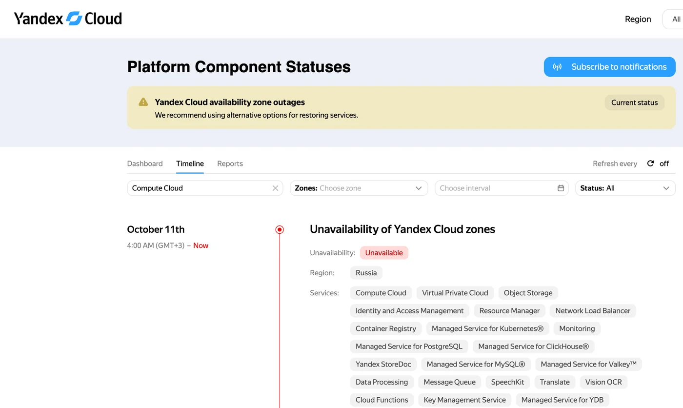 Страница статуса Yandex Cloud: инцидент Unavailability of Yandex Cloud zones и список затронутых сервисов